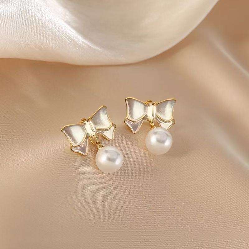 Astria Jewellery Bow Pearl Drop Earrings for Women | Gold Plated Cute Bow Stud with Pearl | Minimal Elegant Earrings for Girls & Daily Wear Astria Jewellery