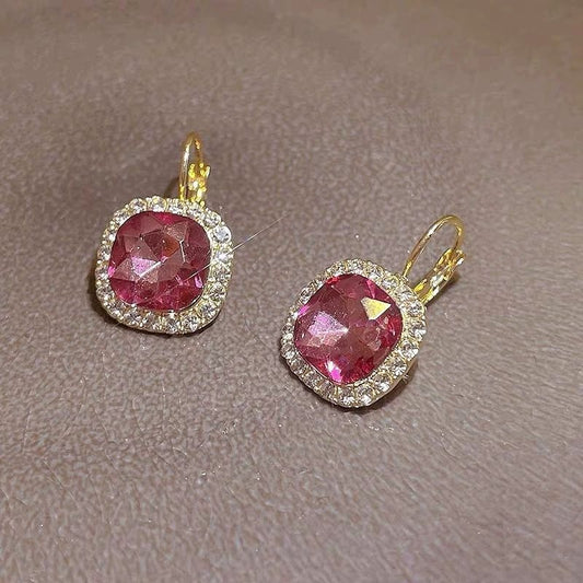 Gold Plated Cushion Cut Crystal Drop Earrings for Women | Pink Stone with Halo CZ Setting | Elegant Party & Occasion Wear Jewellery Astria Jewellery
