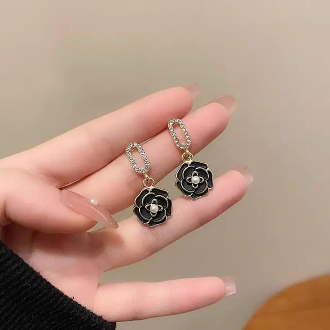 Black Floral Drop Earrings Astria Jewellery