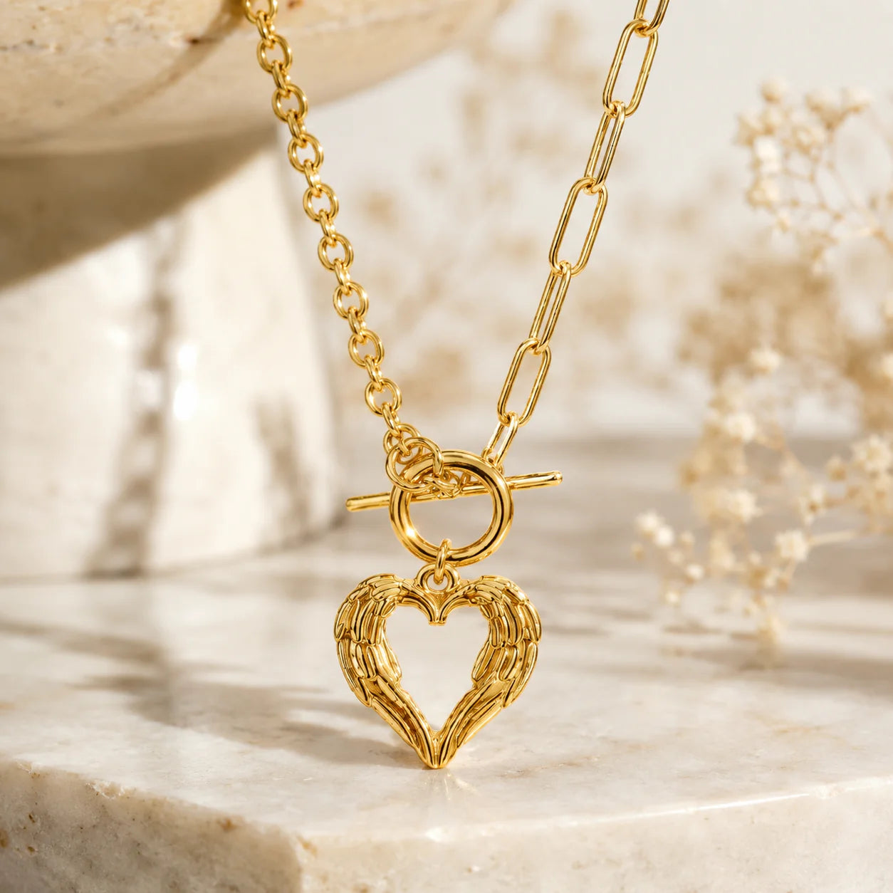 Gold Angel Wing Heart Pendant Necklace for Women | Toggle Clasp Chain Necklace | Minimalist Statement Jewelry