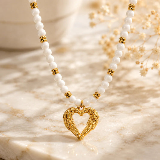 White Beaded Heart Pendant Necklace for Women | Gold Heart Charm Necklace | Minimalist Layered Bead Necklace Astria Jewellery