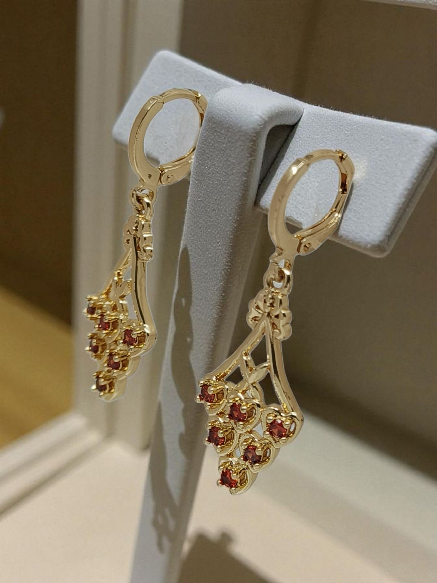 Gold Plated Red Crystal Drop Earrings for Women | Floral Cluster Dangle Design | Elegant Party Wear & Festive Jewellery