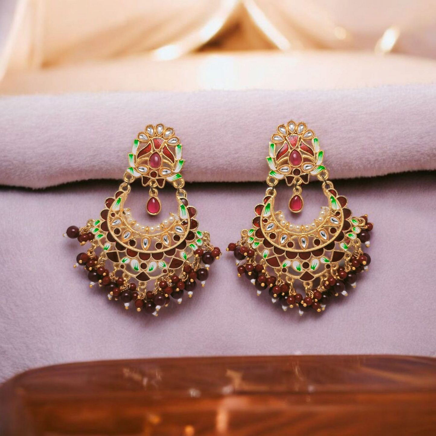 Astria Jewellery Kundan Meenakari Chandbali Earrings for Women | Gold Plated Red & Green Ethnic Dangle Earrings with Beads | Bridal & Festive Jewellery Astria Jewellery
