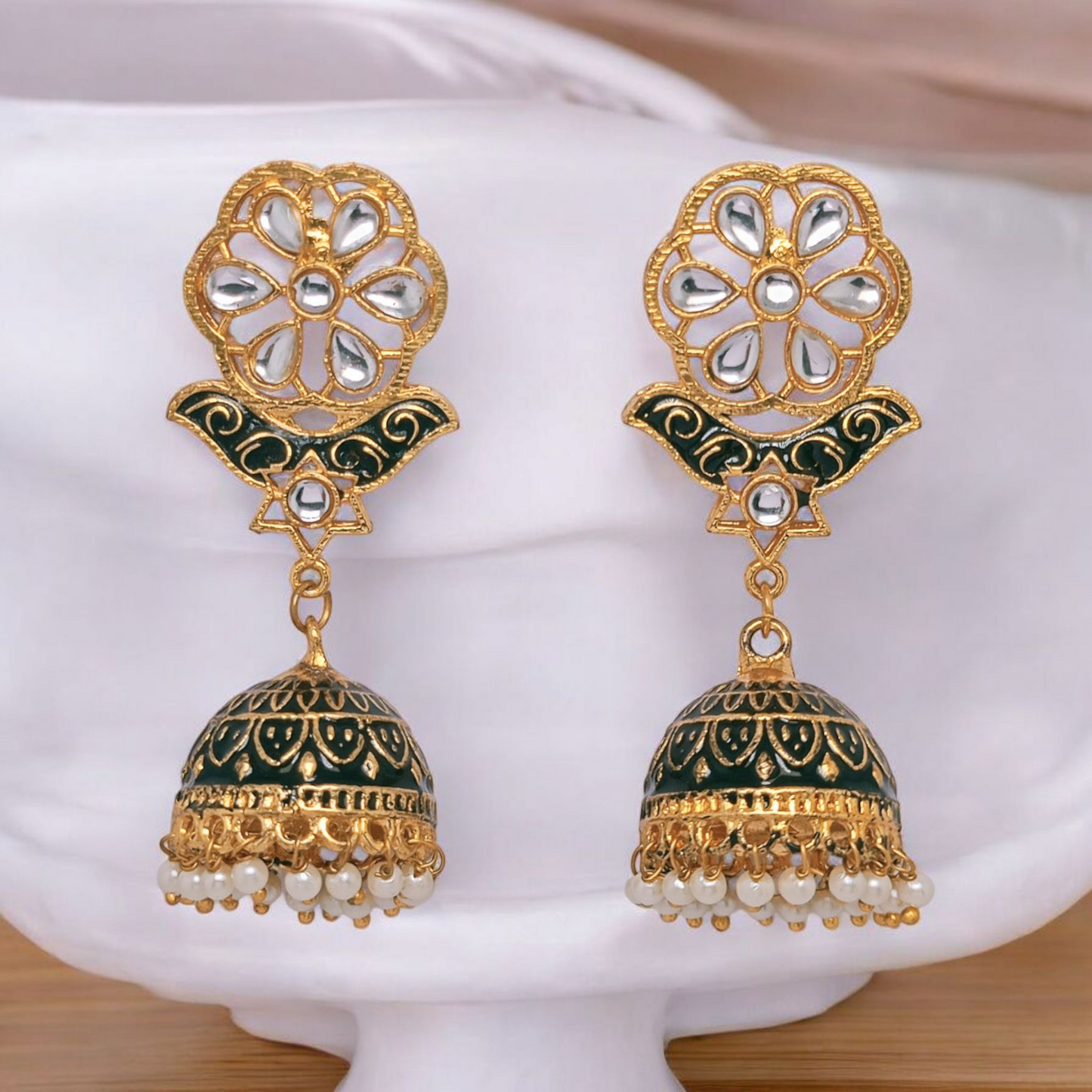 Astria Jewellery Green Kundan Meenakari Jhumka Earrings for Women | Gold Plated Floral Ethnic Earrings with Pearl Drops | Festive & Wedding Jewellery Astria Jewellery