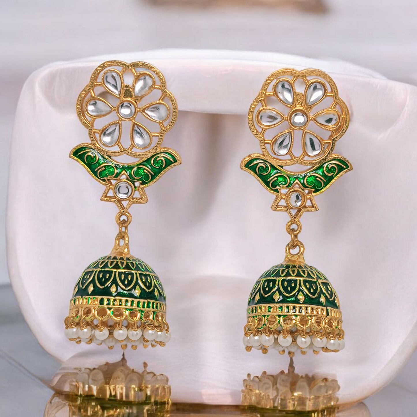 Astria Jewellery Green Meenakari Kundan Jhumka Earrings for Women | Gold Plated Floral Ethnic Earrings with Pearl Drops | Traditional & Festive Jewellery Astria Jewellery