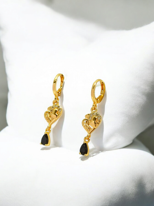 Astria Jewellery Gold Plated Heart Drop Hoop Earrings with Black Stone for Women | Crystal Accent Romantic Design | Elegant Party & Daily Wear Jewellery Astria Jewellery