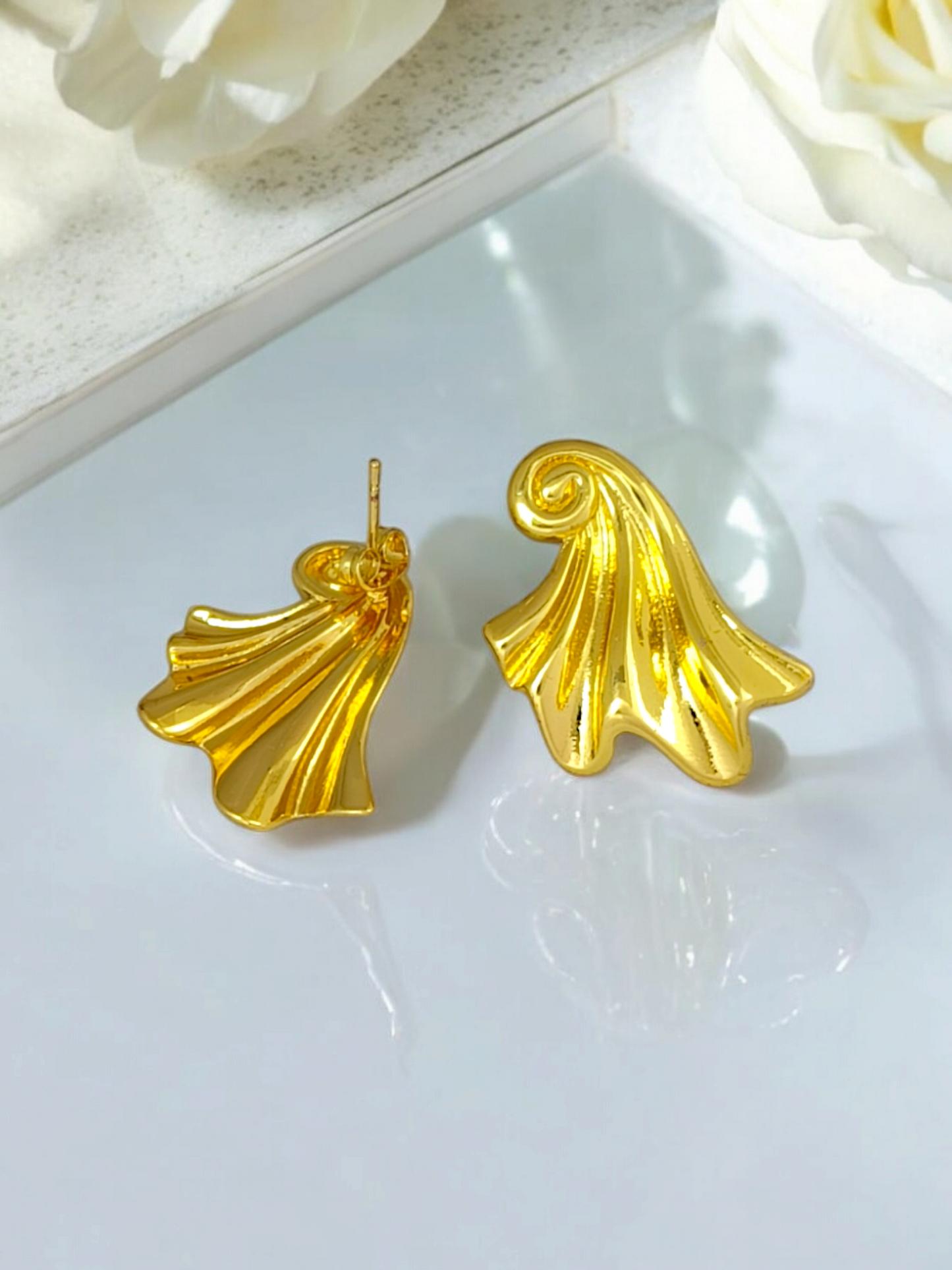 Astria Jewellery Gold Plated Shell Drop Earrings for Women | Elegant Spiral Fan Design | Statement Party Wear & Lightweight Fashion Jewellery