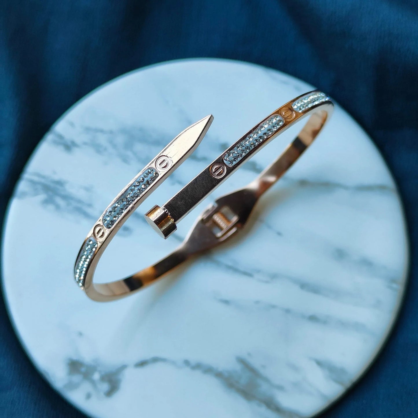 Astria Jewellery Crystal Nail Design Rose Gold-Plated Open Bangle Bracelet for Women Astria Jewellery