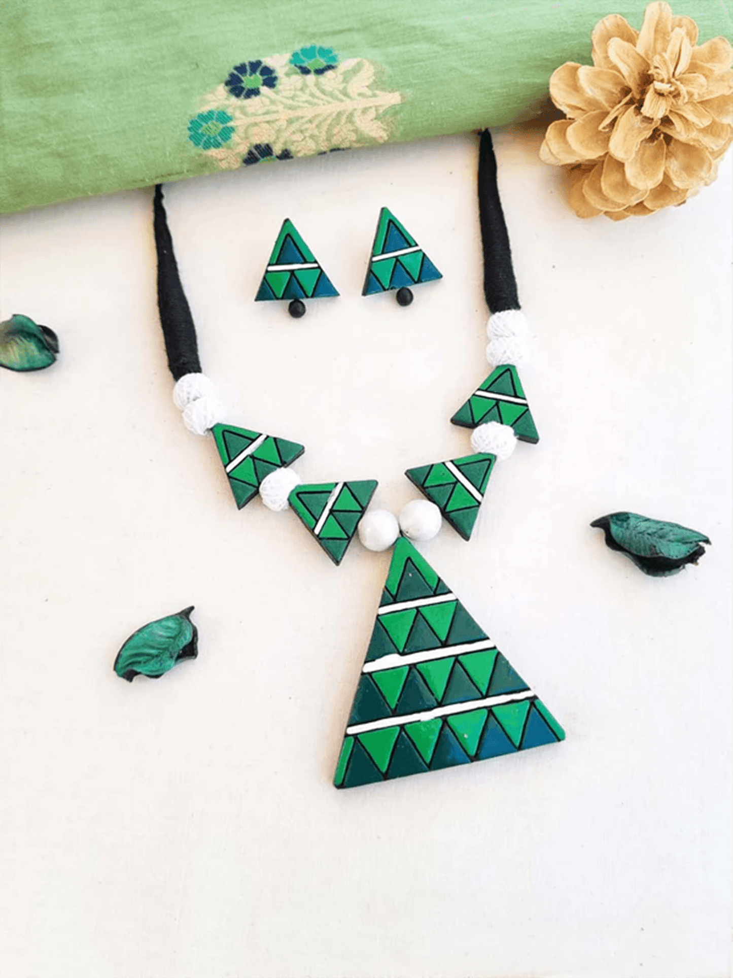 Abstract Triangle Hand Painted Necklace and Earring set in green and blue with black thread and white beads