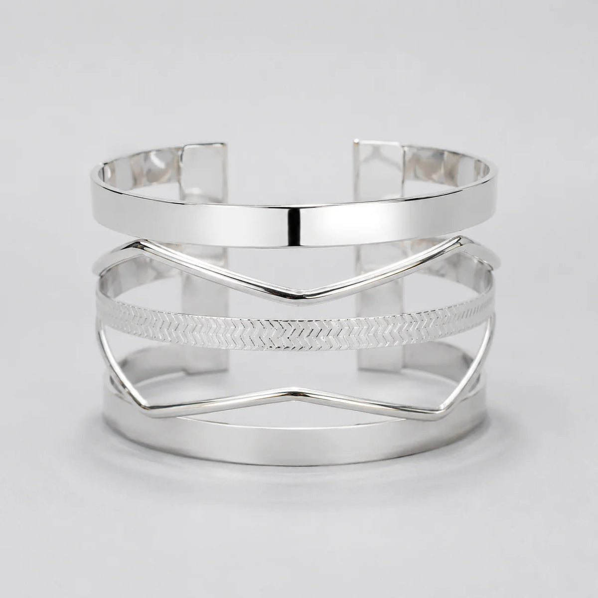 Silver Layered Open Cuff Bracelet for Women | Multi-Layer Stainless Steel Bangle | Minimalist Statement Cuff Astria Jewellery