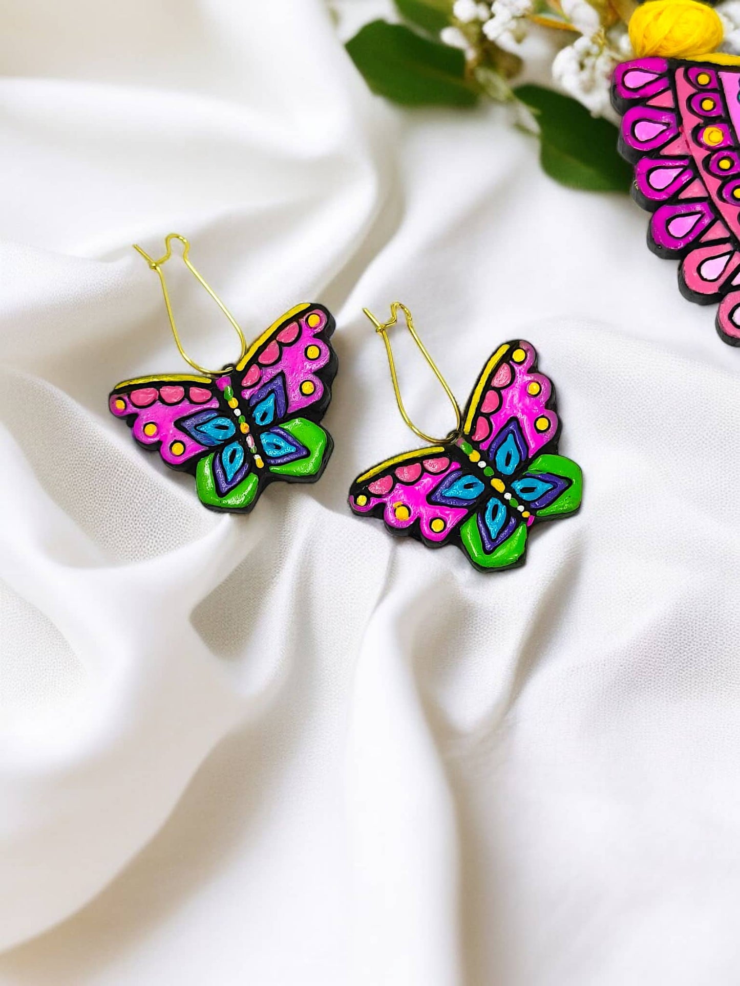 Handmade Butterfly Jewelry Set I Terracotta Jewelry Set colorful butterfly earrings with pink green and blue detailing