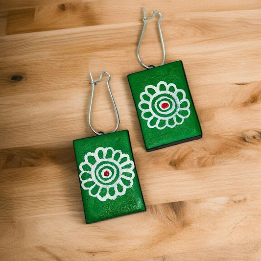 Handmade Folk Art Jewelry Neckpiece green rectangular earrings with white floral design by Mrritika Handmade Jewelry