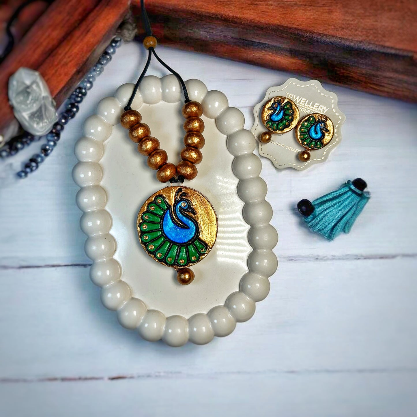 Royal Peacock Charm Necklace Handmade Jewellery with vibrant blue and green design, perfect for special occasions