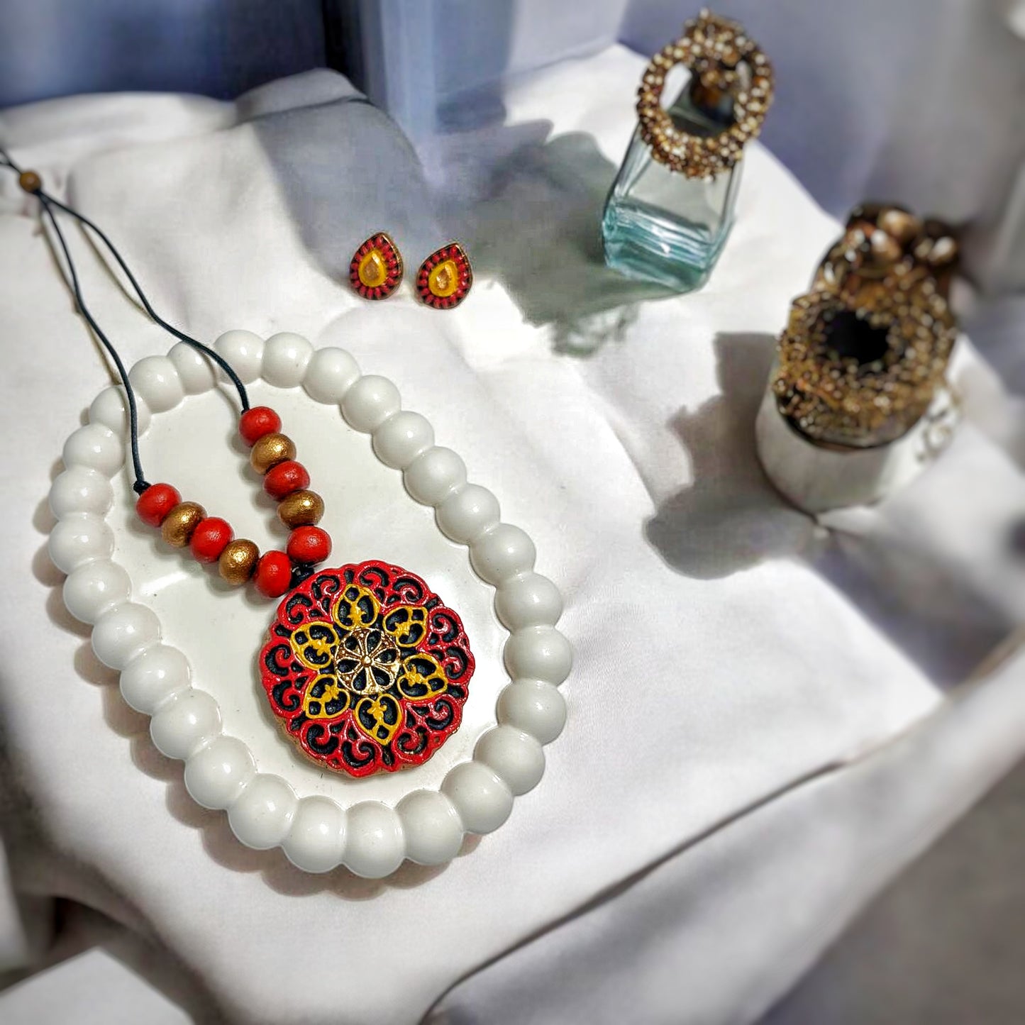 Handmade Jewelry Mandala Charm Pendant with Earring set in vibrant colors for stylish accessory enthusiasts