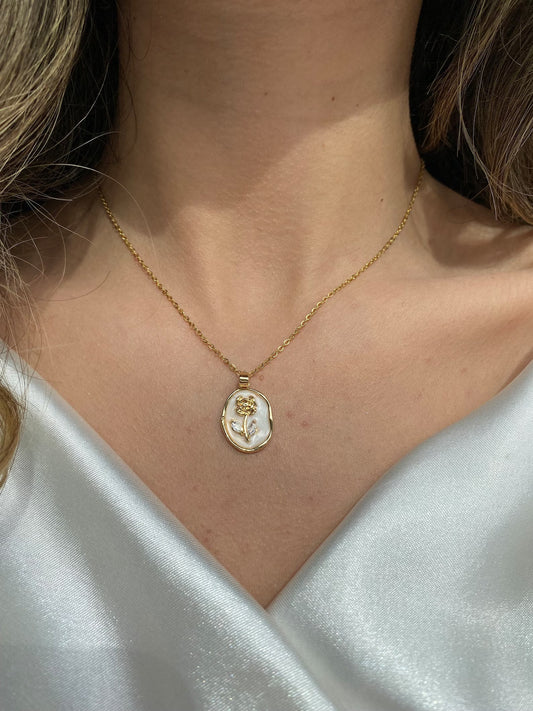Gold Plated Oval Floral Pendant Necklace for Women – Elegant Pearl Finish Medallion Necklace Astria Jewellery