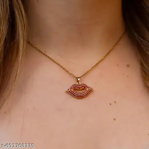 Gold-Plated Red CZ Lips Pendant Necklace