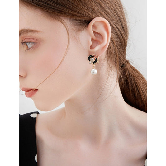 Gold Plated Black Flower Pearl Drop Earrings Astria Jewellery