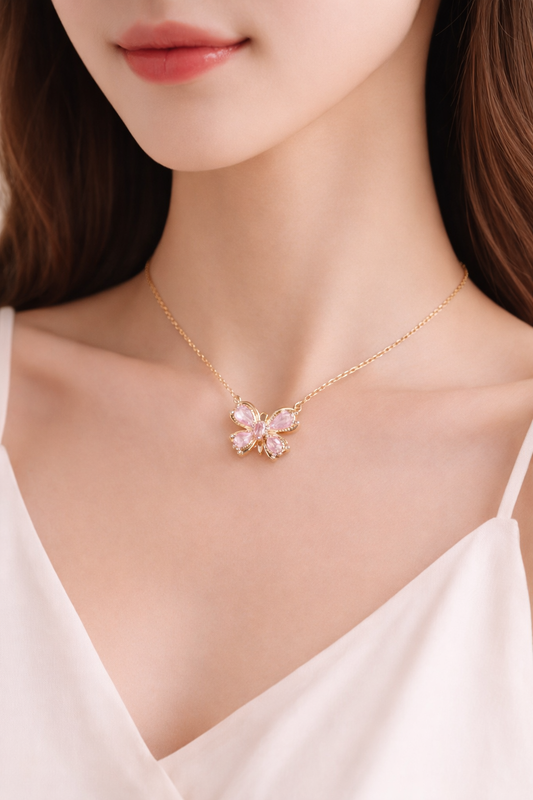 Gold-Plated Pink Bow Pendant Necklace Astria Jewellery