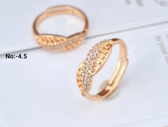 A rose gold adjustable ring with a woven pattern and clear crystal accents, displayed alongside another view of the same ring on a light background. Text overlay reads 'No:-4.