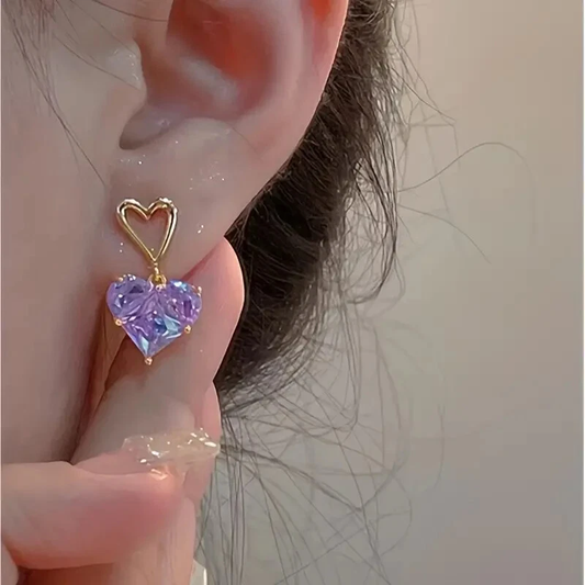 Astria Jewellery Purple Crystal Heart Drop Earrings for Women | Gold Plated Open Heart Stud Earrings | Cute Aesthetic Statement Jewellery for Girls Astria Jewellery