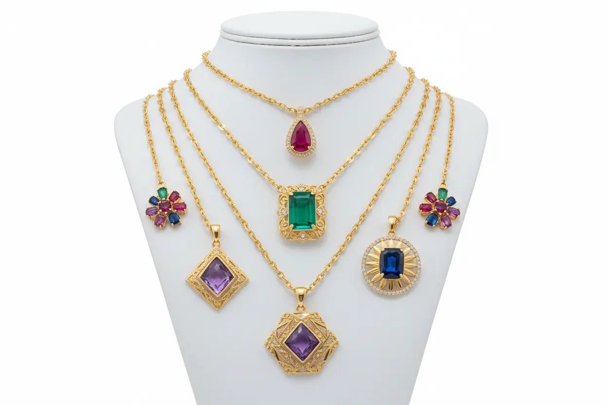 Colorful modern ethnic pendants for women necklace with matching earrings on white decorative tray