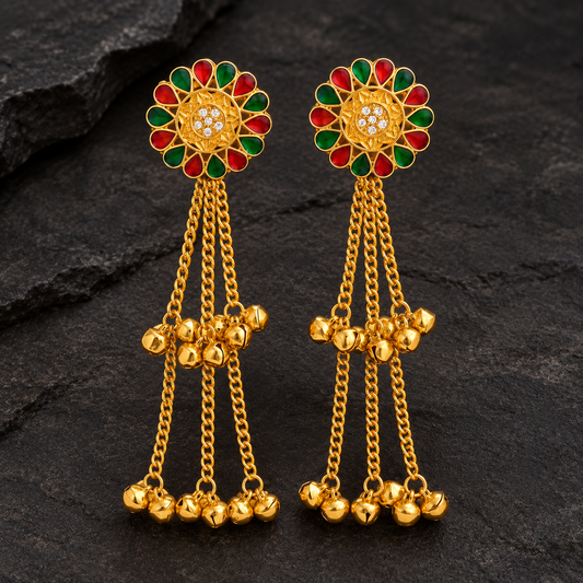 Gold Plated Red Green Floral Long Chain Dangle Earring ASTRIA JEWELLERY