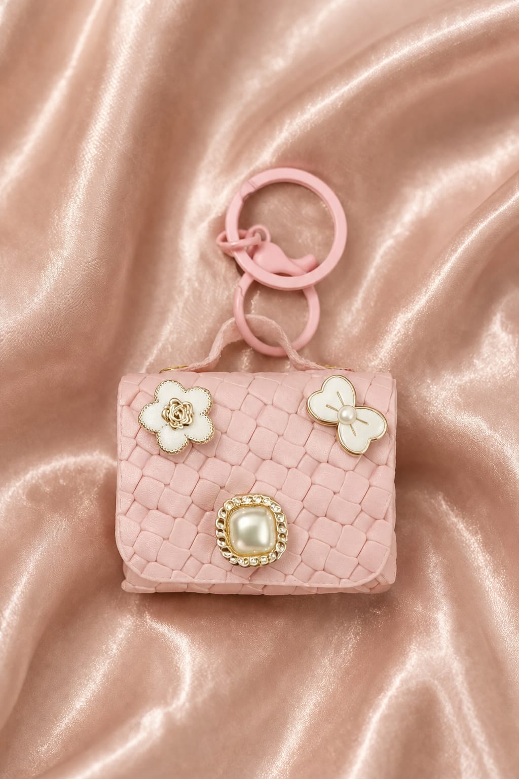 Cute Pink Mini Handbag Keychain for Women & Girls | Luxury Purse Bag Charm | Floral Pearl Key Ring | Car & Handbag Accessory