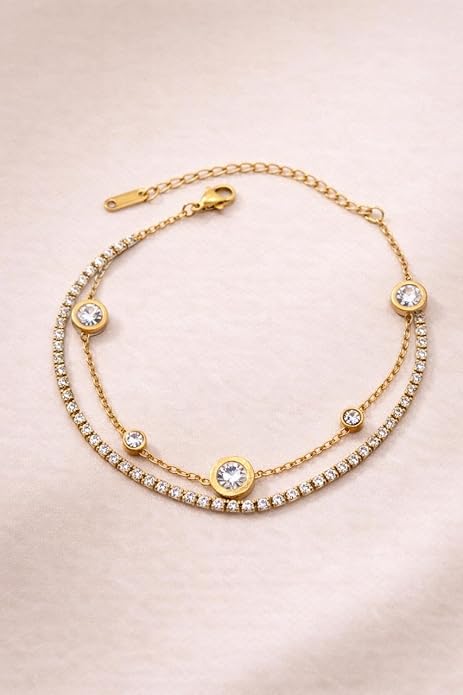 Double Layer Crystal Anklet for Women | Gold Bezel Charm Anklet | Elegant Minimalist Foot Chain Astria Jewellery