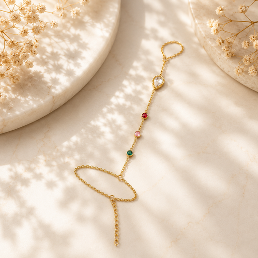 Gold Plated Hand Harness Bracelet for Women | Crystal & Multicolor Stone Hathphool | Adjustable Hand Chain Bracelet Astria Jewellery