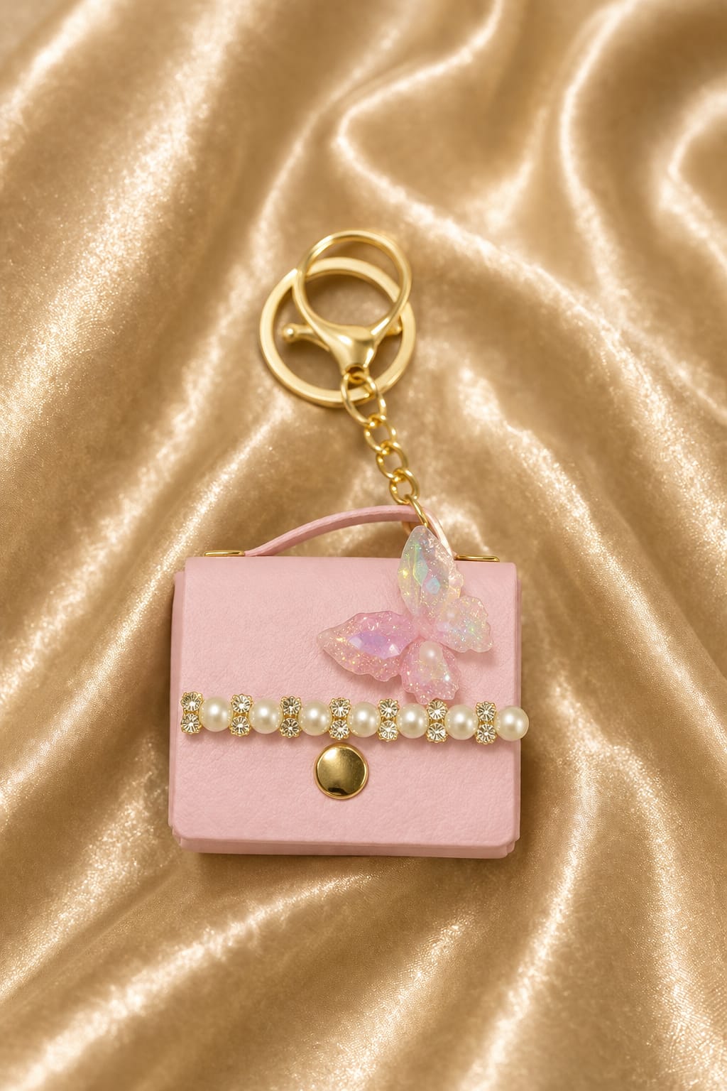Luxury Baby Pink Mini Handbag Keychain for Women & Girls | Butterfly Pearl Bag Charm | Cute Purse Key Ring | Handbag & Car Key Accessory