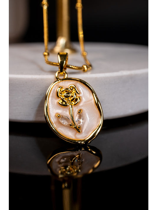 Gold Plated Oval Floral Pendant Necklace for Women – Elegant Pearl Finish Medallion Necklace