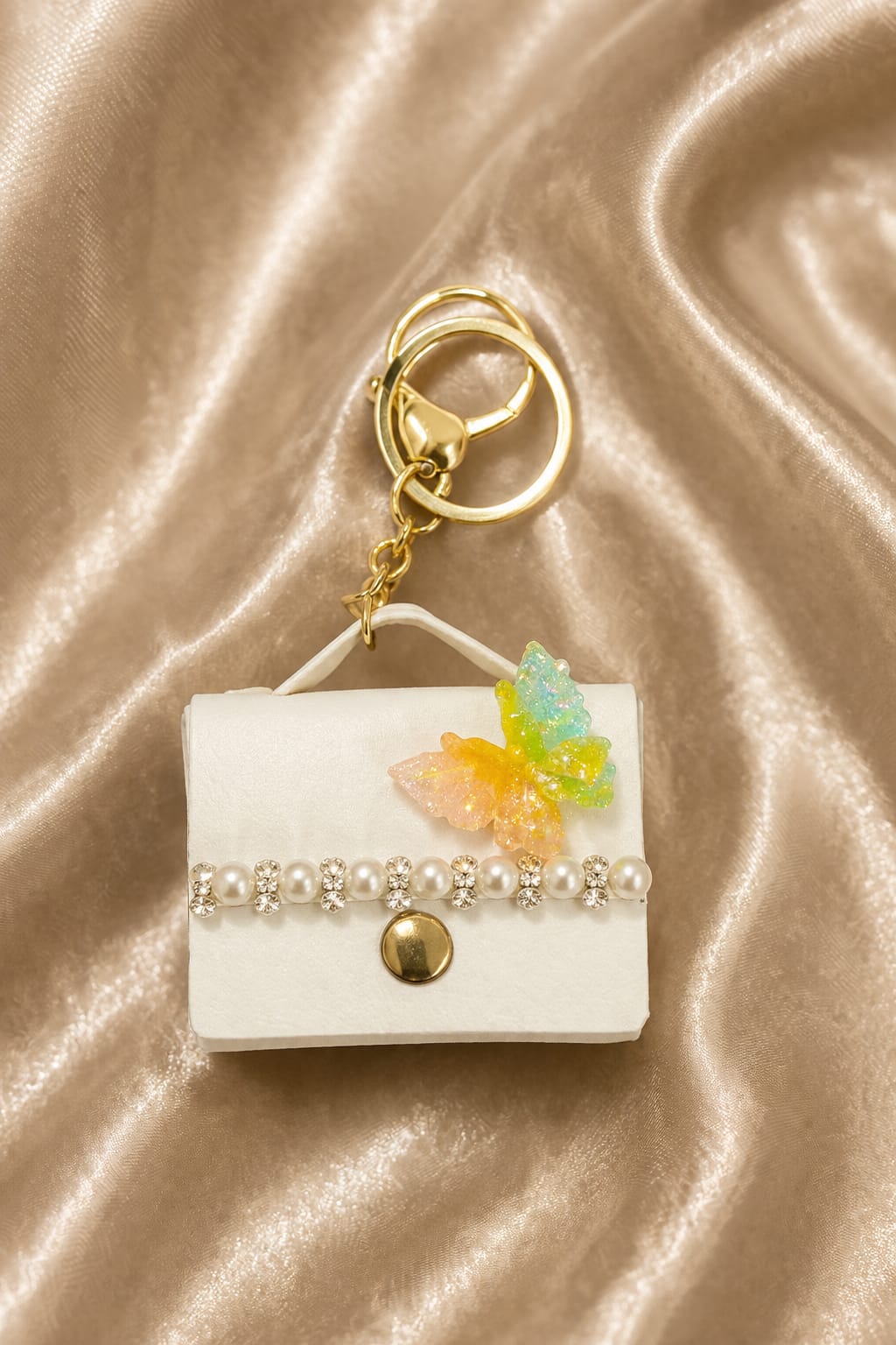 Luxury White Mini Handbag Keychain for Women & Girls | Colorful Butterfly Pearl Bag Charm | Cute Purse Key Ring | Handbag & Car Key Accessory