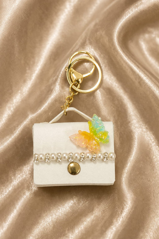 Luxury White Mini Handbag Keychain for Women & Girls | Colorful Butterfly Pearl Bag Charm | Cute Purse Key Ring | Handbag & Car Key Accessory
