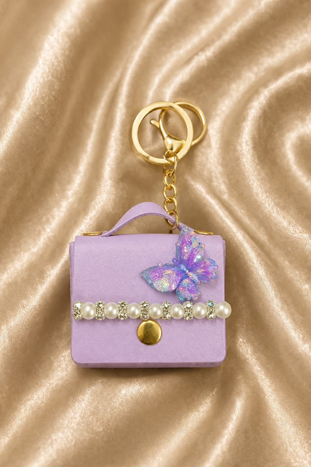Luxury Lavender Mini Handbag Keychain for Women & Girls | Butterfly Pearl Bag Charm | Cute Purse Key Ring | Handbag & Car Key Accessory