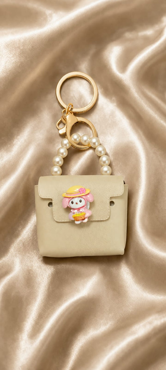 Cute Beige Mini Handbag Keychain for Women & Girls | Cartoon Purse Bag Charm with Pearl Handle | Silicone Key Ring | Backpack & Car Key Accessory