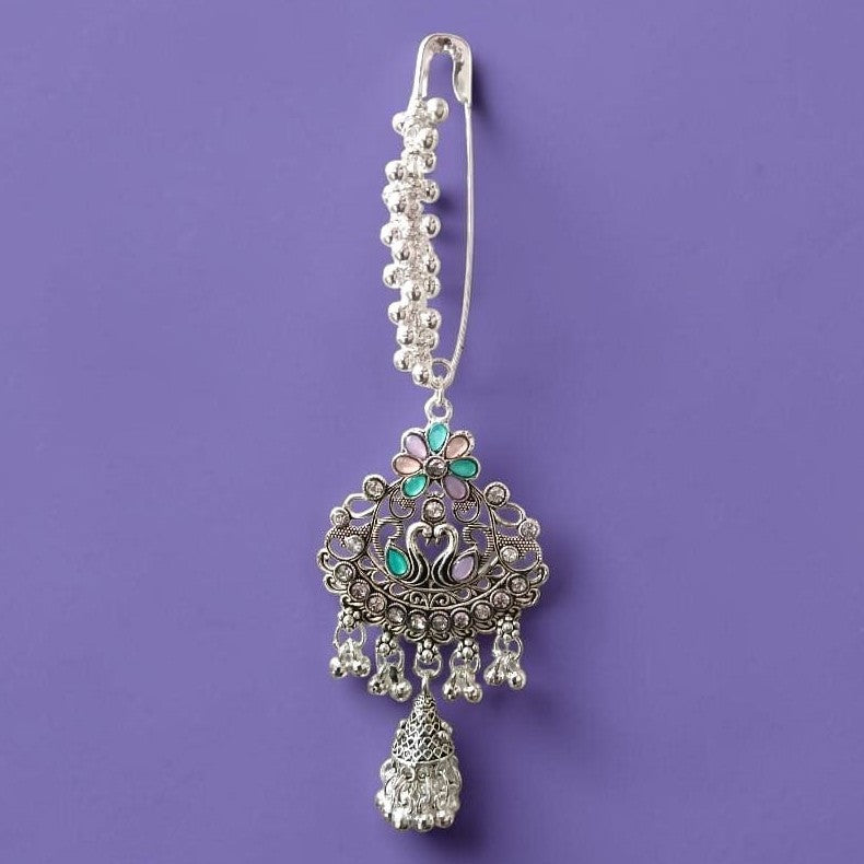 Silver-Tone Peacock Saree Pin with Hanging Charms ASTRIA JEWELLERY