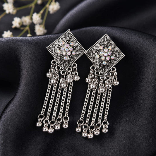 Oxidized Silver-Plated Crystal Studded Geometric Long Dangle Chain Earring ASTRIA JEWELLERY