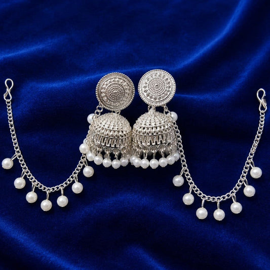 Oxidized Silver-Plated Traditional Floral Studded Jhumka Earrings with Pearl Hangings and Sahare Chain for Women Ethnic Festive Wear ASTRIA JEWELLERY