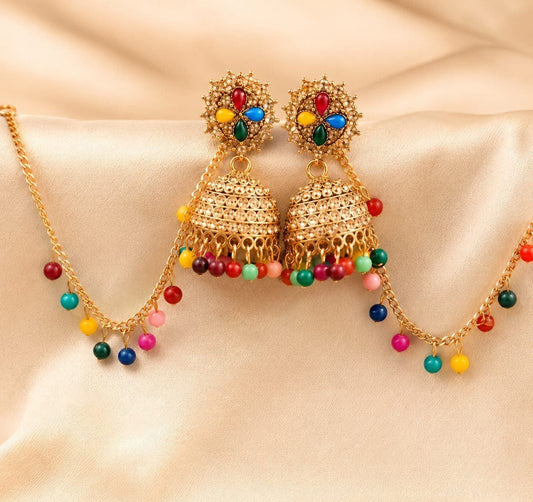 Gold-Plated Multicolored Stone Studded Traditional Jhumka Earrings ASTRIA JEWELLERY