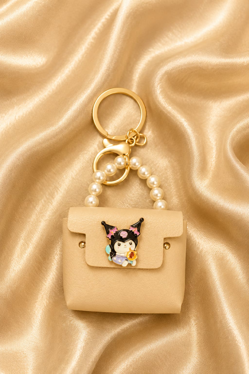Cute Beige Cartoon Mini Handbag Keychain for Women & Girls | Kawaii Purse Bag Charm with Pearl Handle | Silicone Key Ring | Backpack & Car Key Accessory