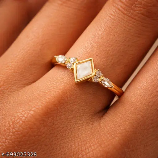 Gold-Plated Geometric Ring for Women – Mother of Pearl -Shape Stone with Crystal Accents | Adjustable Elegant Finger Ring Astria Jewellery