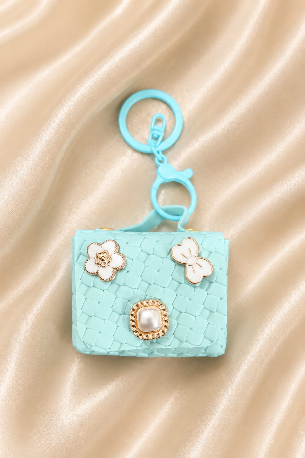 Cute Blue Mini Handbag Keychain for Women & Girls | Luxury Purse Bag Charm | Floral Pearl Key Ring | Car & Handbag Accessory
