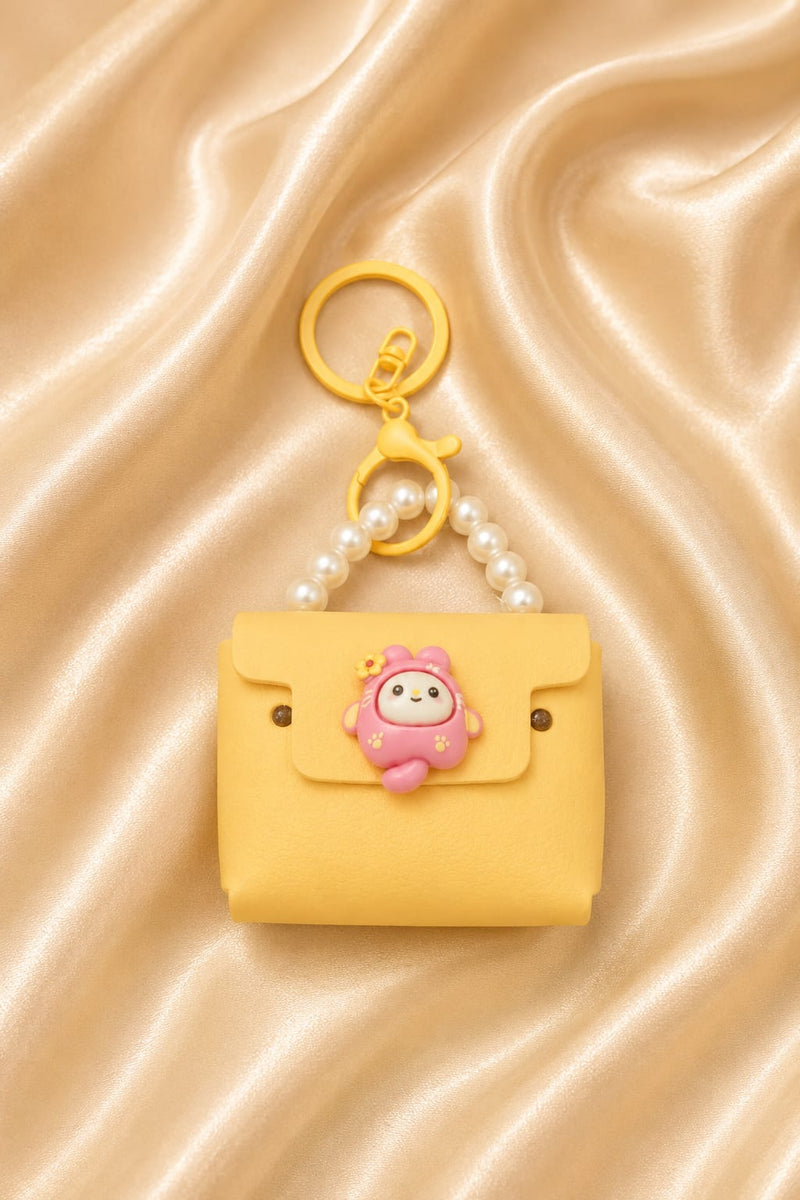 Cute Yellow Mini Handbag Keychain for Women & Girls | Pearl Handle Silicone Purse Bag Charm | Kawaii Key Ring for Handbag, Backpack & Car Keys