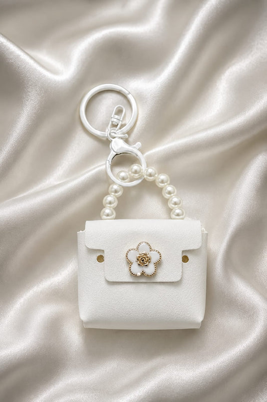 Elegant White Mini Handbag Keychain for Women & Girls | Pearl Handle Silicone Purse Bag Charm | Floral Key Ring for Handbag, Backpack & Car Keys
