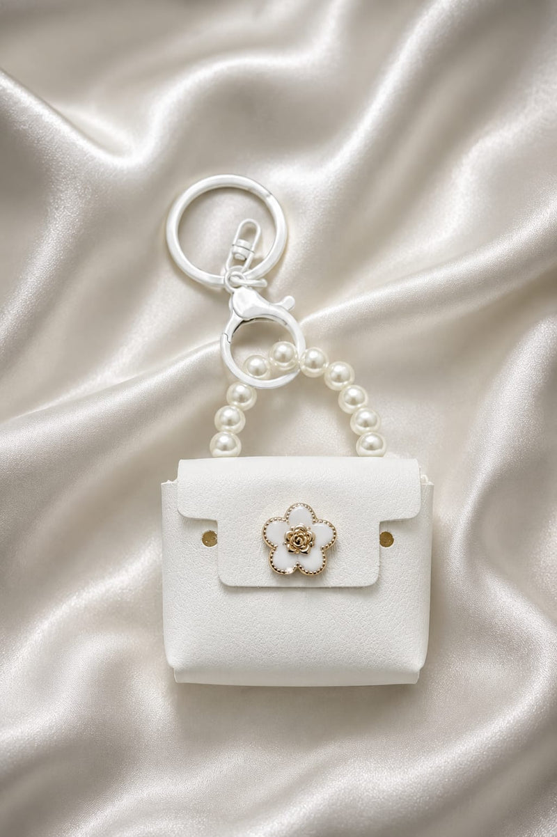 Elegant White Mini Handbag Keychain for Women & Girls | Pearl Handle Silicone Purse Bag Charm | Floral Key Ring for Handbag, Backpack & Car Keys