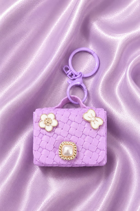 Cute Purple Mini Handbag Keychain for Women & Girls | Luxury Purse Bag Charm | Floral Pearl Key Ring | Car & Handbag Accessory