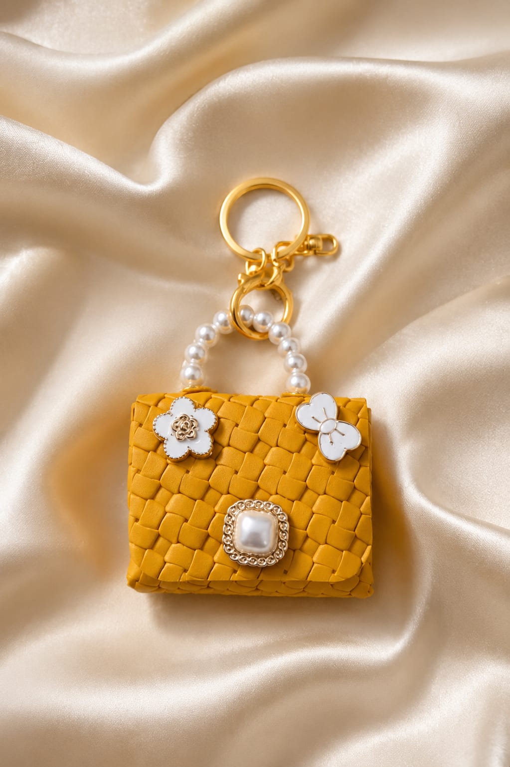 Cute Orange Mini Handbag Keychain for Women & Girls | Luxury Purse Bag Charm | Floral Pearl Key Ring | Car & Handbag Accessory