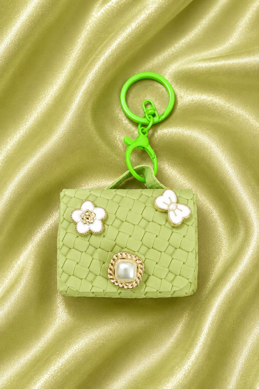 Cute Green Mini Handbag Keychain for Women & Girls | Luxury Purse Bag Charm | Floral Pearl Key Ring | Car & Handbag Accessory