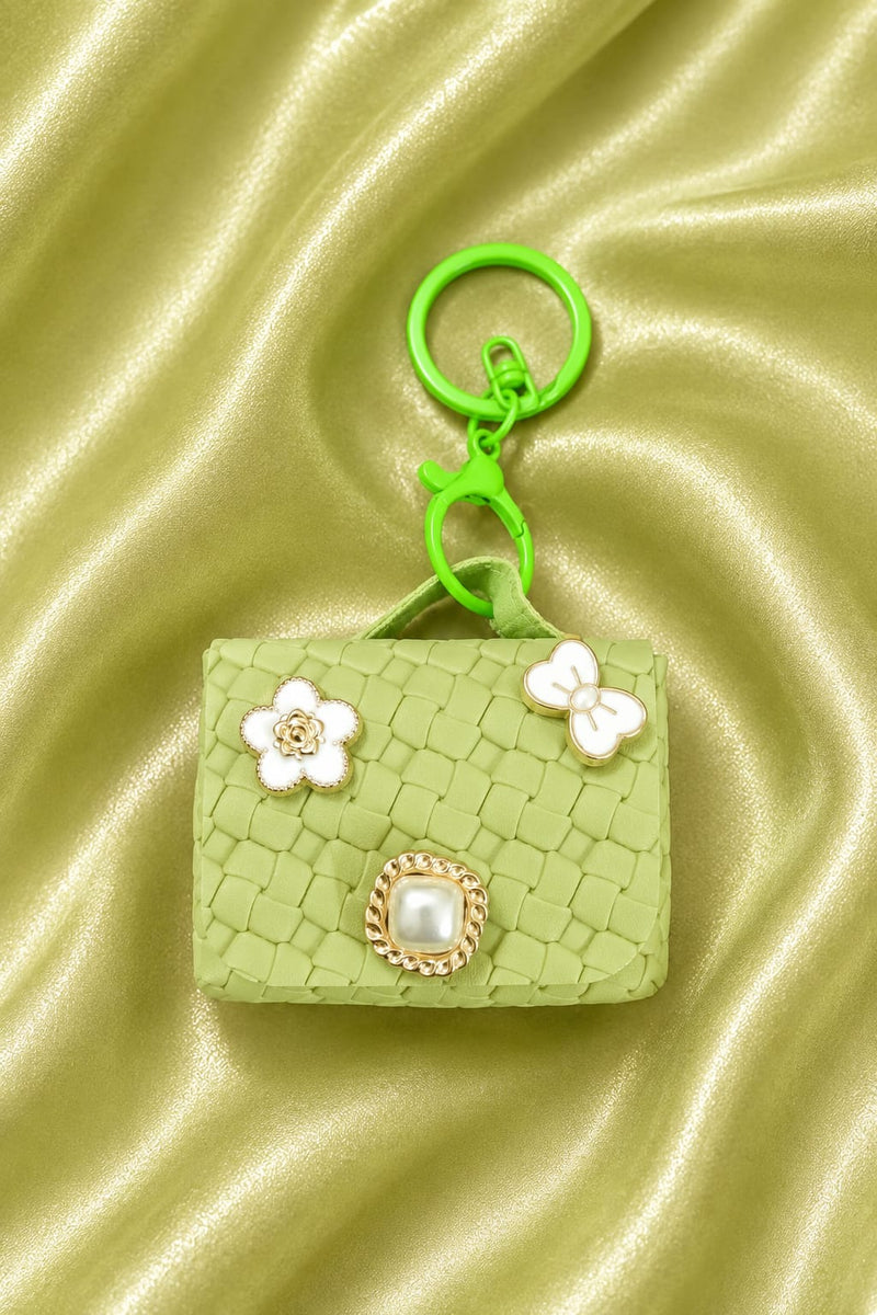 Cute Green Mini Handbag Keychain for Women & Girls | Luxury Purse Bag Charm | Floral Pearl Key Ring | Car & Handbag Accessory