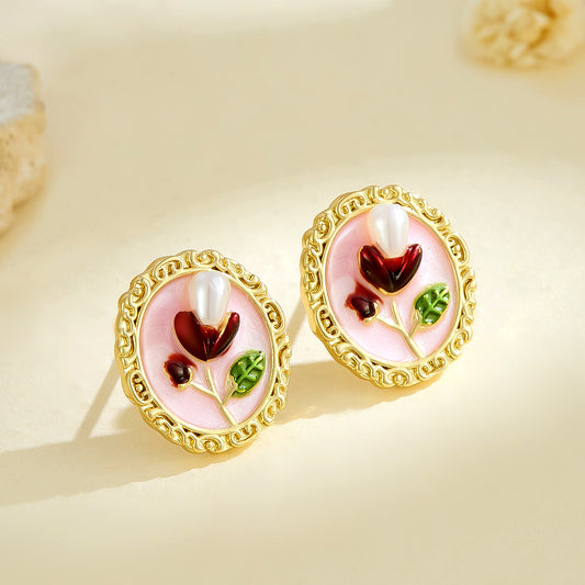 Vintage Floral Enamel Stud Earrings